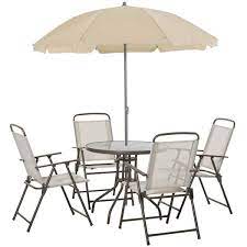 Outsunny 6pc Patio Dining Furniture Set With Included Umbrella 4 Folding Dining Chairs A Glass Top Dinner Table Beige