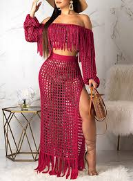 Shein drop shoulder notched neck top & shorts set. Women S 2 Piece Crop Top And Maxi Skirt Set With Fringe Lattice Fabric Wine Red
