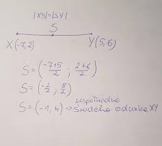 Środkiem odcinka XY, gdzie X=(-7, 2) i Y=(5,6) jest punkt o współrzędnych?  - Brainly.pl