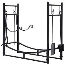 Outsunny Firewood Log Rack Holder With Fireplace Tools Indoor Outdoor Wrought Iron 33 Inch L Black