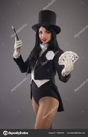 female magician in performer suit with