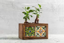 Wooden Planter Box With Tiles Rustic