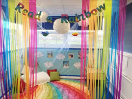 classroom with a vibrant rainbow theme