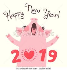 Happy 2019 New Year Card Funny Piglet Congratulates On Holiday Pig Chinese Zodiac Symbol Of The Year Vector Illustration In Cartoon Style