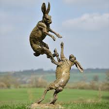 Boxing Hares Garden Ornament Bronze