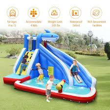 costway inflatable water slide shaped bounce house castle splash water pool w 750w er