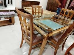 4 Seater Glass Top Wooden Dinig Table
