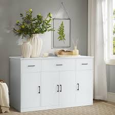 Veikous White Particle Board 56 In Buffet Kitchen Storage Cabinet Sideboard With 4 Doors 3 Drawers