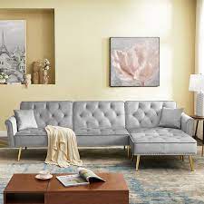 Godeer 110 In W 2 Piece Velvet Reversible Sectional Sofa Bed L Shaped Couch With Movable Ottoman In Light Gray