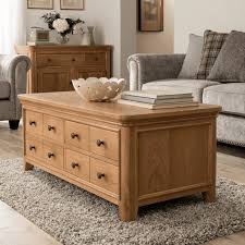 candra oak coffee table with drawers