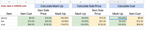 calculating mark up in google sheets