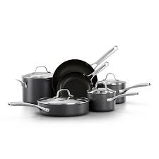 There's a thick aluminum core base fully surrounded by stainless steel on the saucepans, saucepot. Calphalon Classic 10 Pc Hard Anodized Aluminum Nonstick Cookware Set