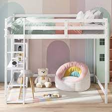 Harper Bright Designs White Wood Frame Full Size Loft Bed With Built In Desk And Ladder Storage Shelves