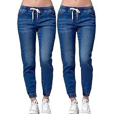 Women Summer Casual Denim Pants Drawstring High Waist Jeans Trousers