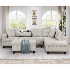 Nestfair 105 In Square Arm 3 Piece Linen L Shaped Sectional Sofa In Light Gray With Convertible