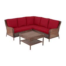 Hampton Bay Cambridge 4 Piece Brown Wicker Outdoor Patio Sectional Sofa And Table With Cushionguard Chili Red Cushions