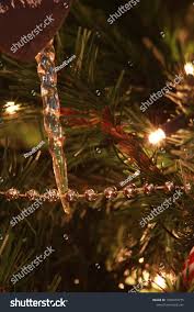 Closeup Christmas Tree Decorated String Silver Stock Photo