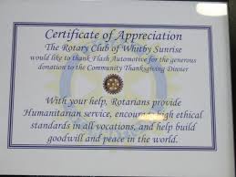 Certificate Of Appreciation From The Rotary Club Of Whitby Sunrise