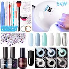 gellen gel nail polish starter kit gel nail polish kit with uv light 6 colors pinks and glitters nail polish set with nail dryer no wipe base top
