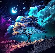 a colorful galaxy wallpaper with a tree