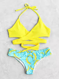 Banana And Polka Dot Print Self Tie Bikini Set