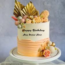 happy birthday gold and peach cake with