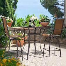 Nuu Garden 3 Piece Black Steel Frame Outdoor Patio Bar Set With Brown High Swivel Bistro Chairs