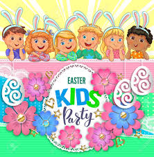 Easter Party Poster With Flowers And Children With Rabbit Ears