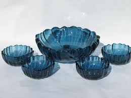 Retro Vintage Blue Glass Salad Set Mod