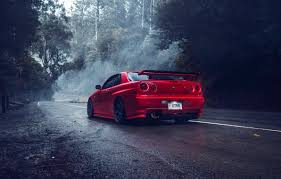 wallpaper red gt r r34 road trees