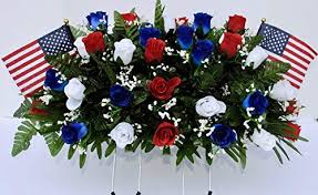 It is made from poly deco mesh which is weatherproof. Patriotic Cemetery Headstone Saddle Flowers In Red White And Blue Roses With Flags Silk Flower Arrangements