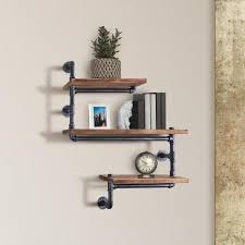 I built these industrial shelves to replace the buffet that i moved into my livingroom/office. Today S Mentality Dortmund Industrial Floating Silver Brushed Gray Pipe Wall Shelf With Walnut Wood Tmpanslhd The Home Depot