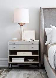 With lustrous highlights and soft shadows, the grey velvet upholstery adds dimension to the chair's flowing lines and contemporary riff on the traditional high back and winged sides. Gray Velvet Wingback Bed With Light Gray Nightstand Transitional Bedroom