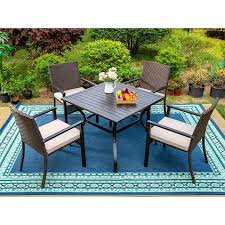 Phi Villa Black 5 Piece Metal Slat Square Table Patio Outdoor Dining Set With Rattan Chairs With Beige Cushion
