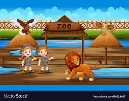 cartoon zookeeper boys with a lion in