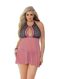 Womens Plus Size Flirty Halter Neck Keyhole Front Sheer Lace Babydoll Lingerie Top