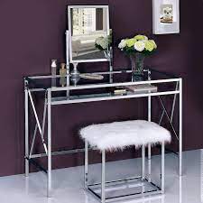 Glass And Metal Vanity Set With Faux Fur Stool White And Silver