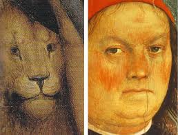 The lion is the artist, a symbol of his unity with nature and our baser instincts. The lion, though, turns to look in the mirror (the picture plane) and ... - PeruginoLion2COMP_1