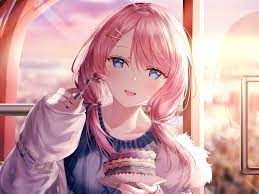 Desktop wallpaper cute, anime girl, beautiful, eating cake, hd image,  picture, background, 2d07b6