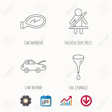 Car Mirror Repair Oil Change And Seat Belt Icons Fasten Seat