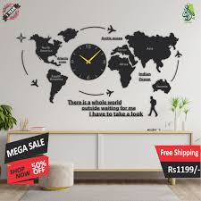 World Map Wooden Wall Clock Pak Souq Com