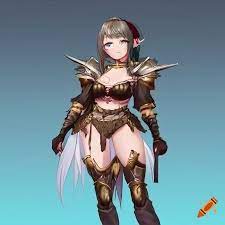 High definition front view anime-style elf girl in armor with a stylish  skirt thick thighs on Craiyon