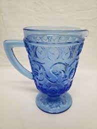 Vintage Blue Glass Pitcher With Ornate