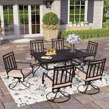 Phi Villa 7 Piece Metal Patio Outdoor Dining Set With Slat Rectangle Table And Stripe Swivel Chairs With Beige Cushions