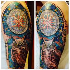 Stained Glass Owl And Sun Tattoo By