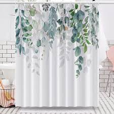 white green leaves shower curtain