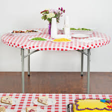 Disposable solid color table cloths are the perfect way to make your party colorful and easy! Creative Converting 37288 Stay Put Red Gingham 60 Round Plastic Tablecloth With Elastic