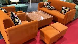 6 seater wooden orange velvet sofa set