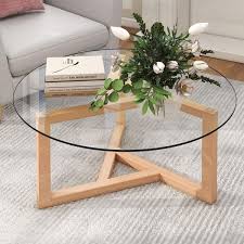 Oak Medium Round Glass Coffee Table