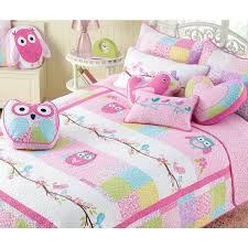 Cozy Line Home Fashions Little Cute Birds Owls Spring Fl 7 Piece Pink Purple Patchwork Cotton Twin Quilt Bedding Set And Decor Throw Pillows Pink